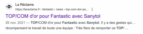 Extrait d'un article qui parle du prix Top Com d'Or reçu pour la campagne Sanytol par Fantastic