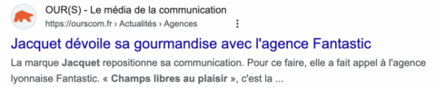 Extrait d'un article valorisant la stratégie et le nouveau positionnement de Jacquet par l'agence Fantastic avec la signature Champs libres au plaisir