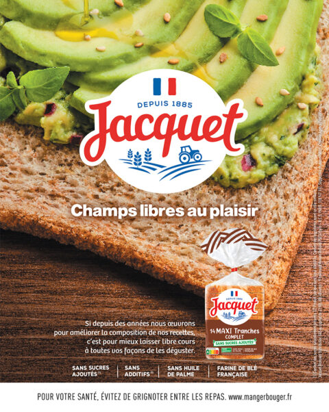 Affiche publicitaire de Jacquet montrant une tartine de pain de mie avec du guacamole et de l'avocat, accompagnée du slogan 'Champs libres au plaisir'. Mettant en avant la gamme de tartines 'Grandes Tranches Nature'