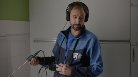Image extraite d'un spot TV pour Les Gars des Eaux : un technicien, équipé d'un casque et d'un détecteur de fuites, se concentre sur son travail, reflétant le professionnalisme de l'entreprise dans la recherche de fuites d'eau
